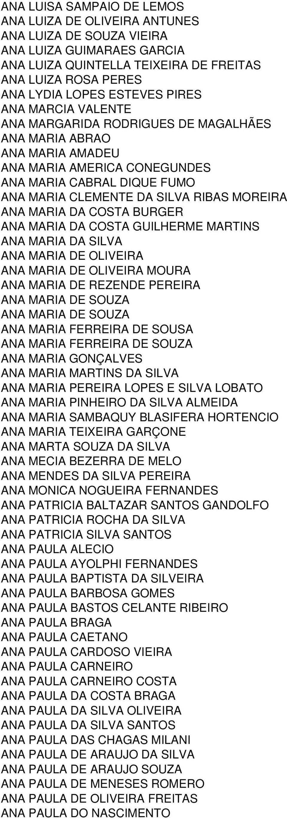 MARIA DA COSTA BURGER ANA MARIA DA COSTA GUILHERME MARTINS ANA MARIA DA SILVA ANA MARIA DE OLIVEIRA ANA MARIA DE OLIVEIRA MOURA ANA MARIA DE REZENDE PEREIRA ANA MARIA DE SOUZA ANA MARIA DE SOUZA ANA