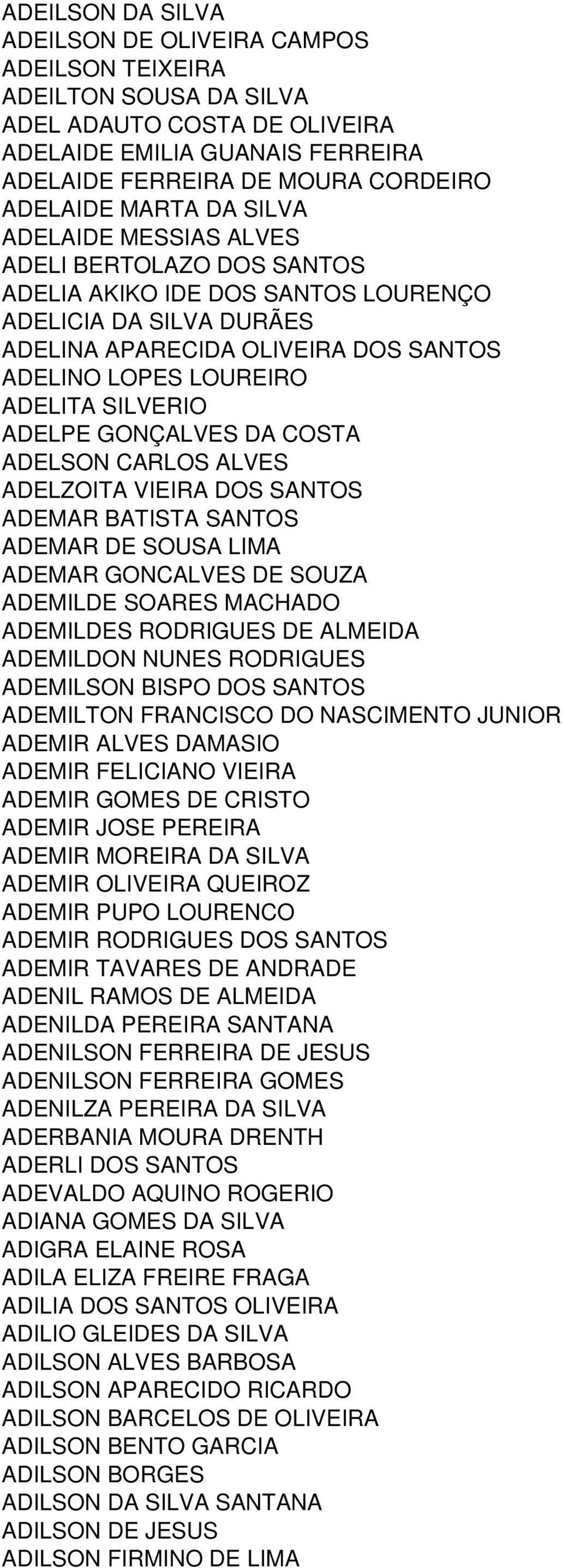 SILVERIO ADELPE GONÇALVES DA COSTA ADELSON CARLOS ALVES ADELZOITA VIEIRA DOS SANTOS ADEMAR BATISTA SANTOS ADEMAR DE SOUSA LIMA ADEMAR GONCALVES DE SOUZA ADEMILDE SOARES MACHADO ADEMILDES RODRIGUES DE