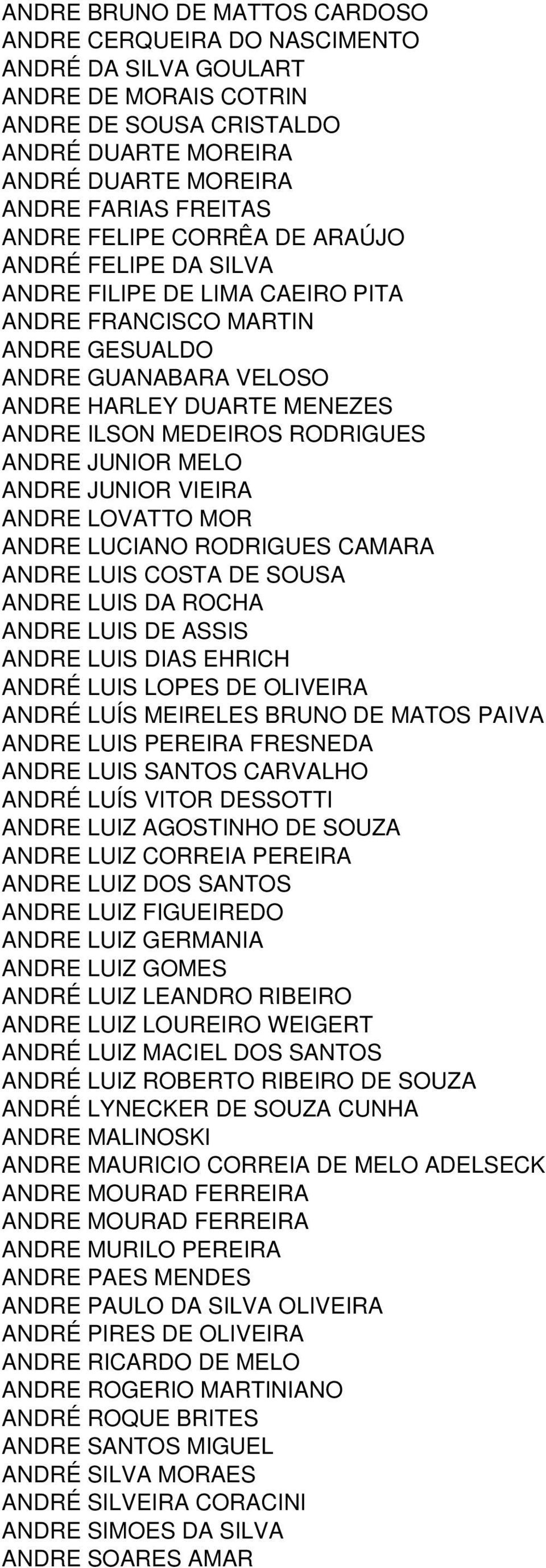 ANDRE JUNIOR MELO ANDRE JUNIOR VIEIRA ANDRE LOVATTO MOR ANDRE LUCIANO RODRIGUES CAMARA ANDRE LUIS COSTA DE SOUSA ANDRE LUIS DA ROCHA ANDRE LUIS DE ASSIS ANDRE LUIS DIAS EHRICH ANDRÉ LUIS LOPES DE