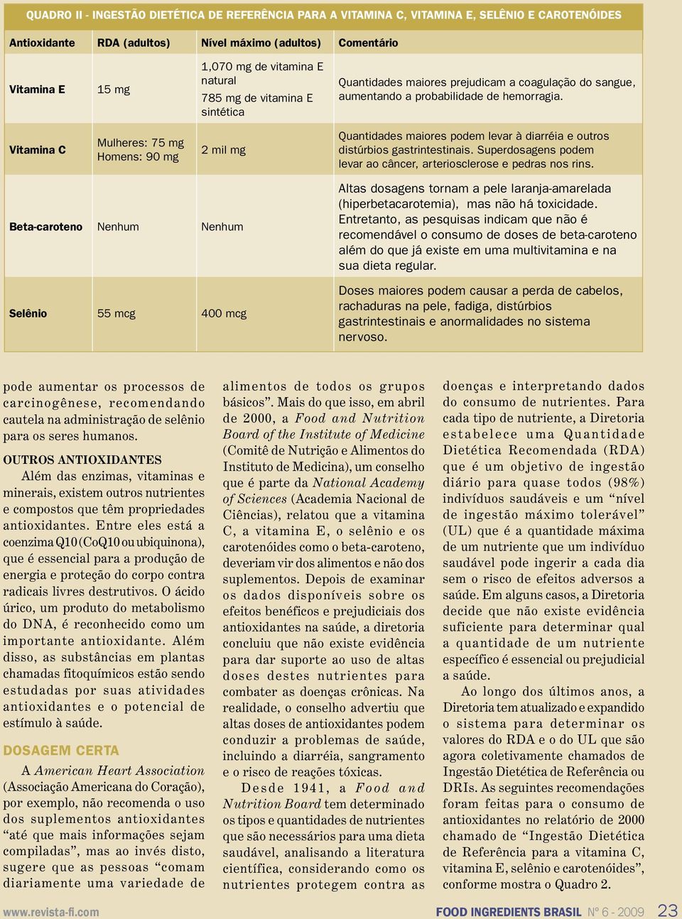 Vitamina C Mulheres: 75 mg Homens: 90 mg 2 mil mg Quantidades maiores podem levar à diarréia e outros distúrbios gastrintestinais.