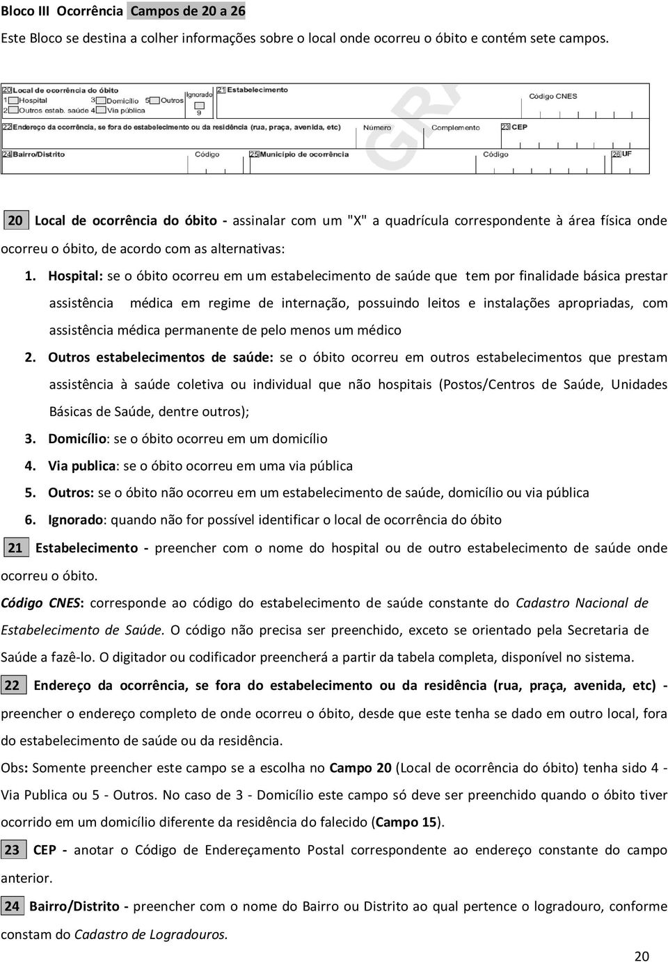 Hospital: se o óbito ocorreu em um estabelecimento de saúde que tem por finalidade básica prestar assistência médica em regime de internação, possuindo leitos e instalações apropriadas, com