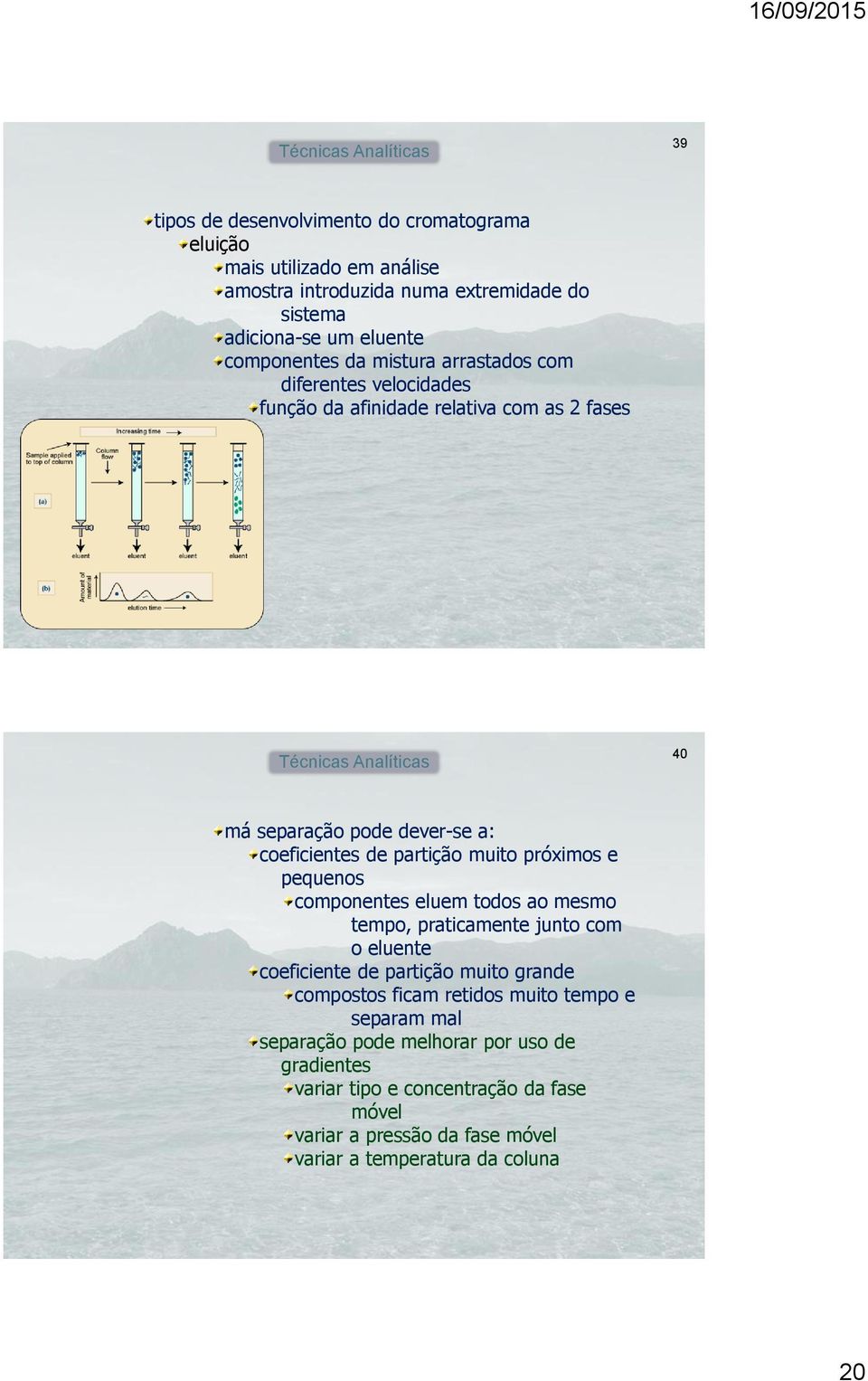 próximos e pequenos componentes eluem todos ao mesmo tempo, praticamente junto com o eluente coeficiente de partição muito grande compostos ficam retidos muito