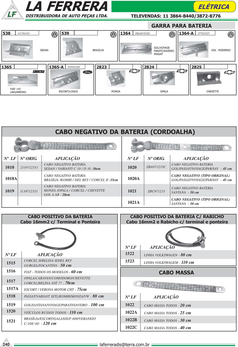 APLICAÇÃO 1020 ZBA971235C CABO NEGATIVO BATERIA GOL/PASSAT/VOYAGE/PAR/SAV - 45 cm 1018A CABO NEGATIVO BATERIA BRASÍLIA /KOMBI / DEL REY / CORCEL II -35cm 1020A CABO NEGATIVO (TIPO ORIGINAL)