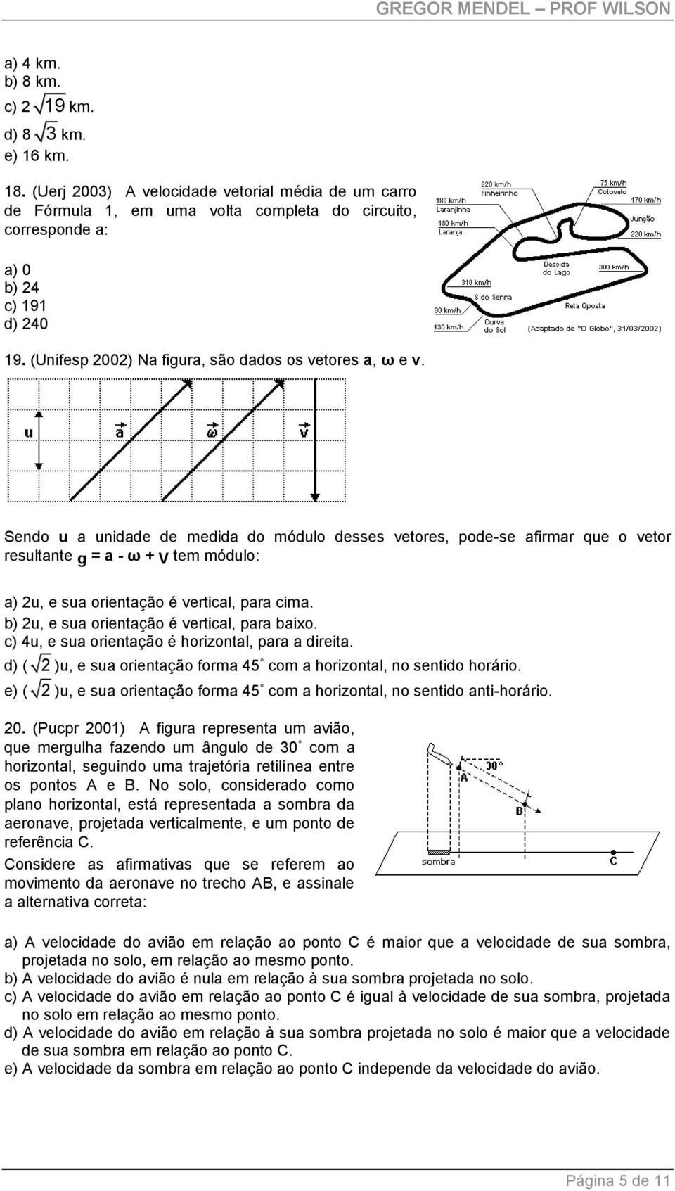 Sendo u a unidade de medida do módulo desses vetores, pode-se afirmar que o vetor resultante g = a - ω + V tem módulo: a) u, e sua orientação é vertical, para cima.