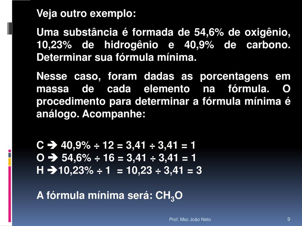 Nesse caso, foram dadas as porcentagens em massa de cada elemento na fórmula.