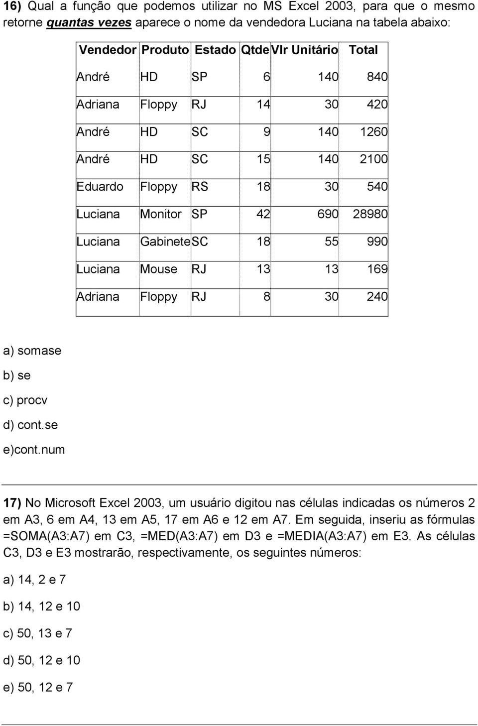 Mouse RJ 13 13 169 Adriana Floppy RJ 8 30 240 a) somase b) se c) procv d) cont.se e)cont.