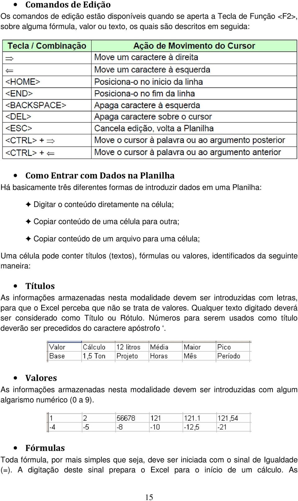 para uma célula; Uma célula pode conter títulos (textos), fórmulas ou valores, identificados da seguinte maneira: Títulos As informações armazenadas nesta modalidade devem ser introduzidas com