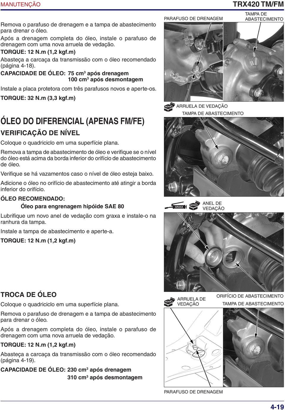 Capacidade de óleo: 75 cm 3 após drenagem 100 cm 3 após desmontagem Instale a placa protetora com três parafusos novos e aperte-os. Torque: 32 N.m (3,3 kgf.