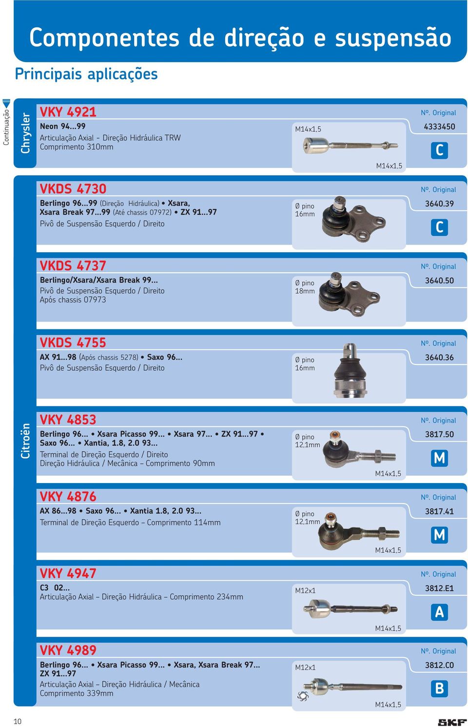 .. Xsara Picasso 99... Xsara 97... ZX 91...97 Saxo 96... Xantia, 1.8, 2.0 93... Terminal de Direção Esquerdo / Direito Direção Hidráulica / Mecânica Comprimento 90mm 12,1mm 3817.50 M VKY 4876 X 86.