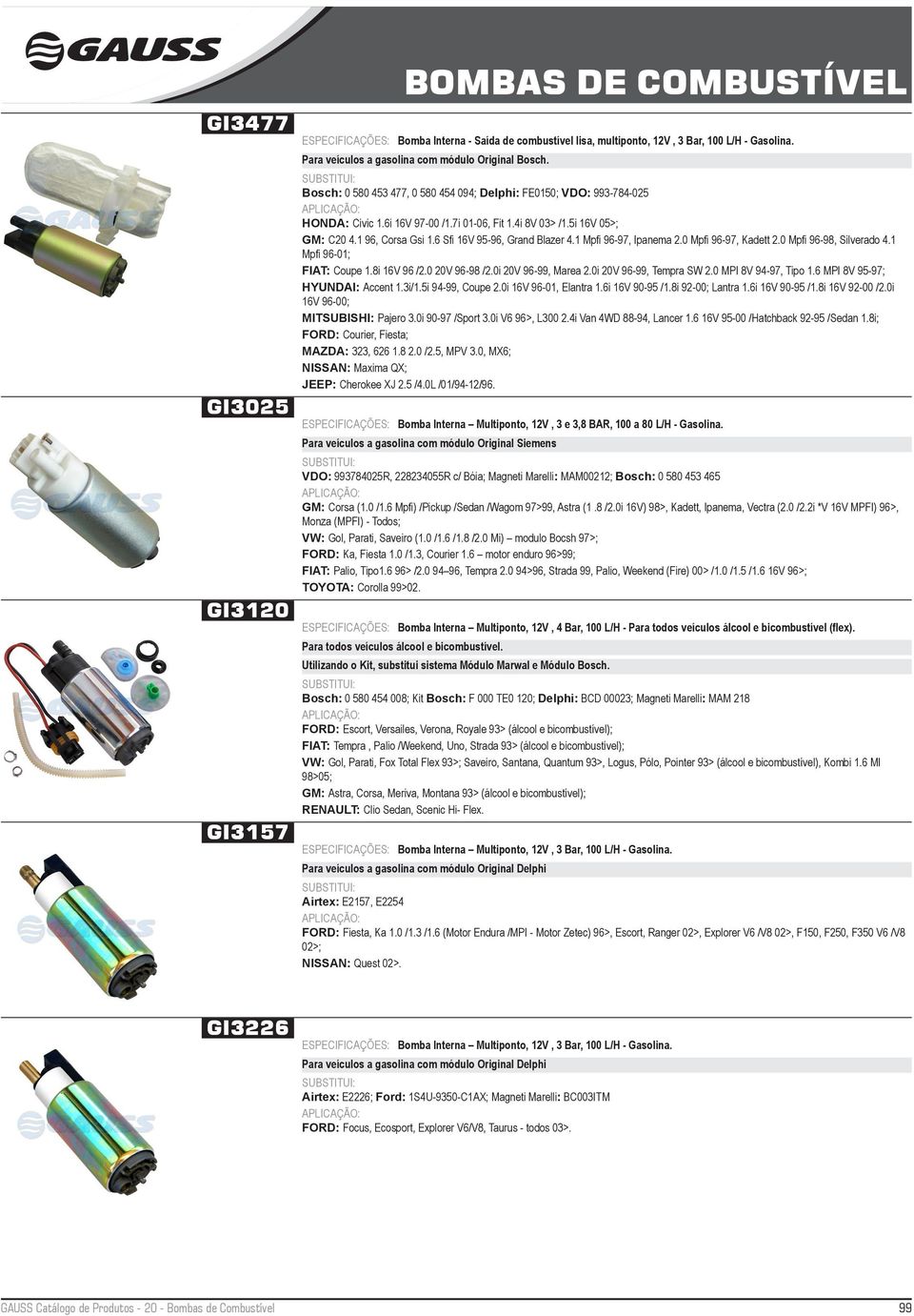 6 Sfi 16V 95-96, Grand Blazer 4.1 Mpfi 96-97, Ipanema 2.0 Mpfi 96-97, Kadett 2.0 Mpfi 96-98, Silverado 4.1 Mpfi 96-01; FIAT: Coupe 1.8i 16V 96 /2.0 20V 96-98 /2.0i 20V 96-99, Marea 2.