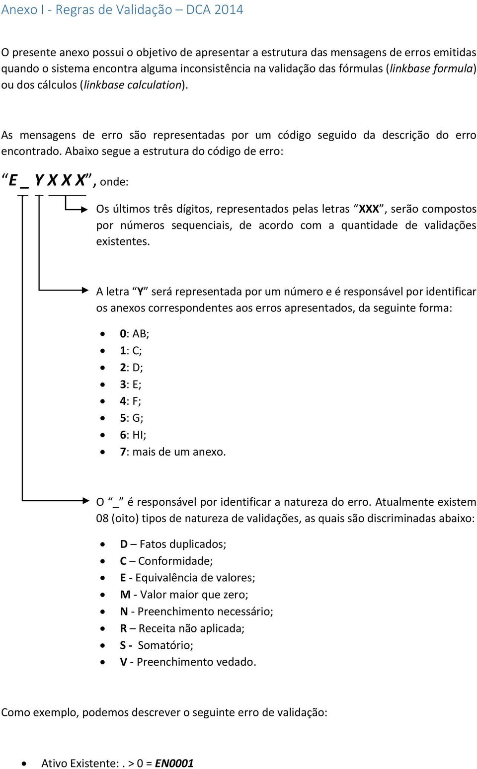 Abaixo segue a estrutura do código de erro: E _ Y X X X, onde: Os últimos três dígitos, representados pelas letras XXX, serão compostos por números sequenciais, de acordo com a quantidade de