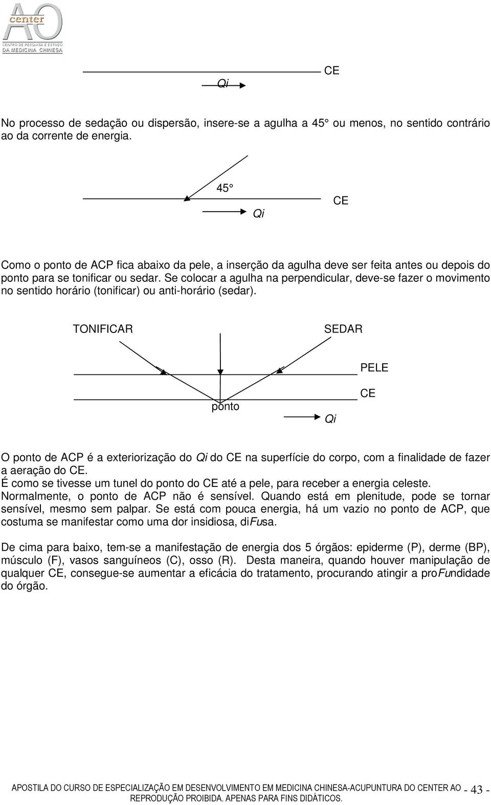 Se colocar a agulha na perpendicular, deve-se fazer o movimento no sentido horário (tonificar) ou anti-horário (sedar).