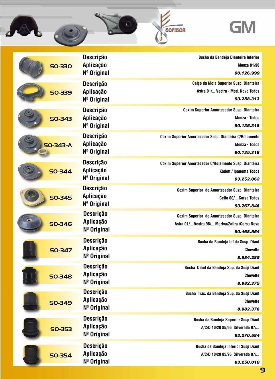 Dianteira Kadett / Ipanema Todos 93.252.062 Coxim Superior do Amortecedor Susp. Dianteira Celta 00/... Corsa Todos 93.267.846 Coxim Superior do Amortecedor Susp. Dianteira Astra 01/... Vectra 96/.