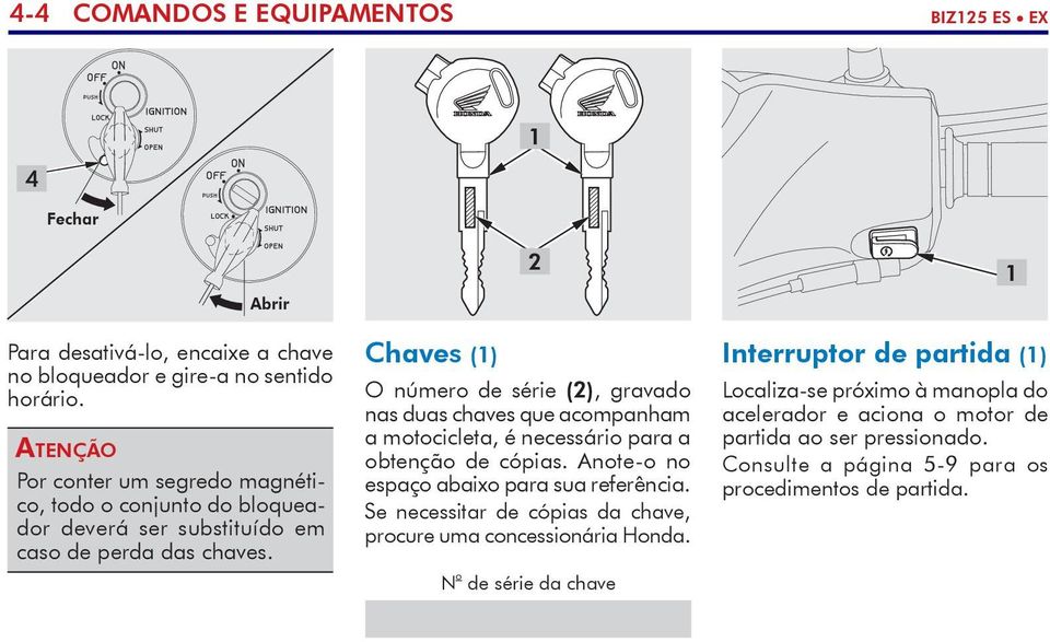 Chaves (1) O número de série (2), gravado nas duas chaves que acompanham a motocicleta, é necessário para a obtenção de cópias. Anote-o no espaço abaixo para sua referência.