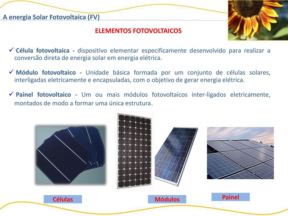 Módulo fotovoltaico - Unidade básica formada por um conjunto de células solares, interligadas eletricamente e encapsuladas, com o