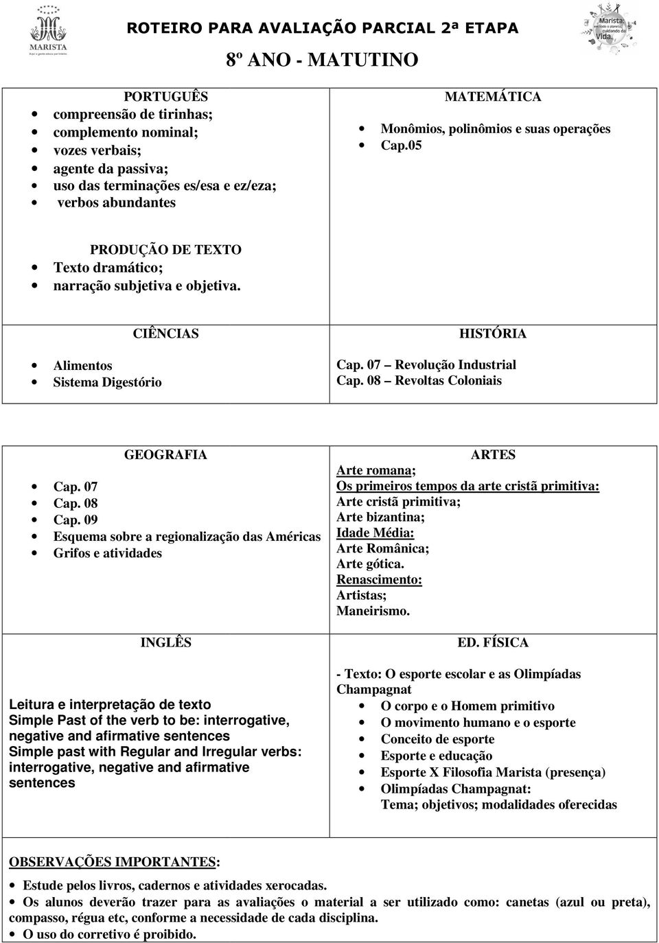 09 Esquema sobre a regionalização das Américas Grifos e atividades Leitura e interpretação de texto Simple Past of the verb to be: interrogative, negative and afirmative sentences Simple past with