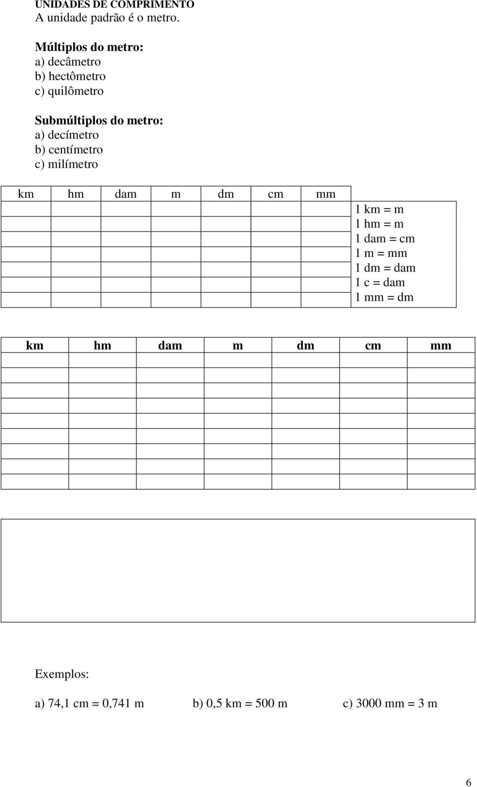 decímetro b) centímetro c) milímetro km hm dam m dm cm mm 1 km = m 1 hm = m 1 dam = cm 1