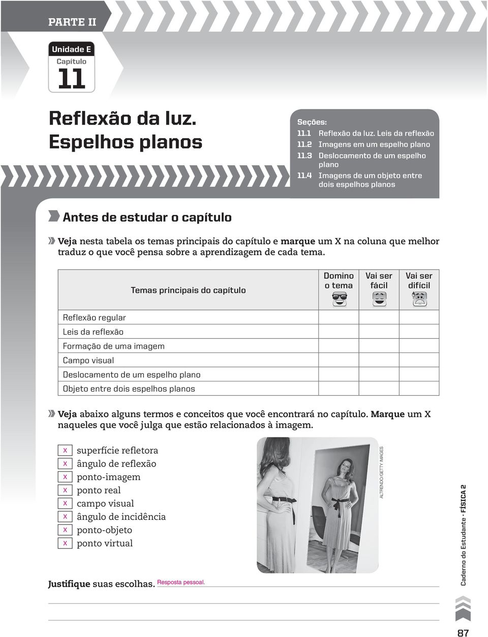 tema Temas principais do capítulo Domino o tema Vai ser fácil Vai ser difícil Reflexão regular Leis da reflexão Formação de uma imagem Deslocamento de um espelho plano Objeto entre dois espelhos