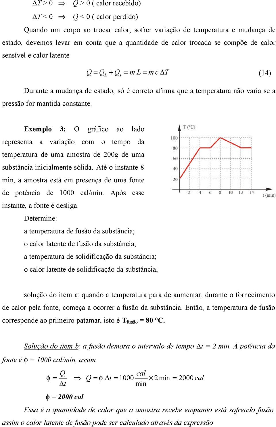 Exemplo 3: O gráfico ao lado representa a variação com o tempo da temperatura de uma amostra de 200g de uma substância inicialmente sólida.