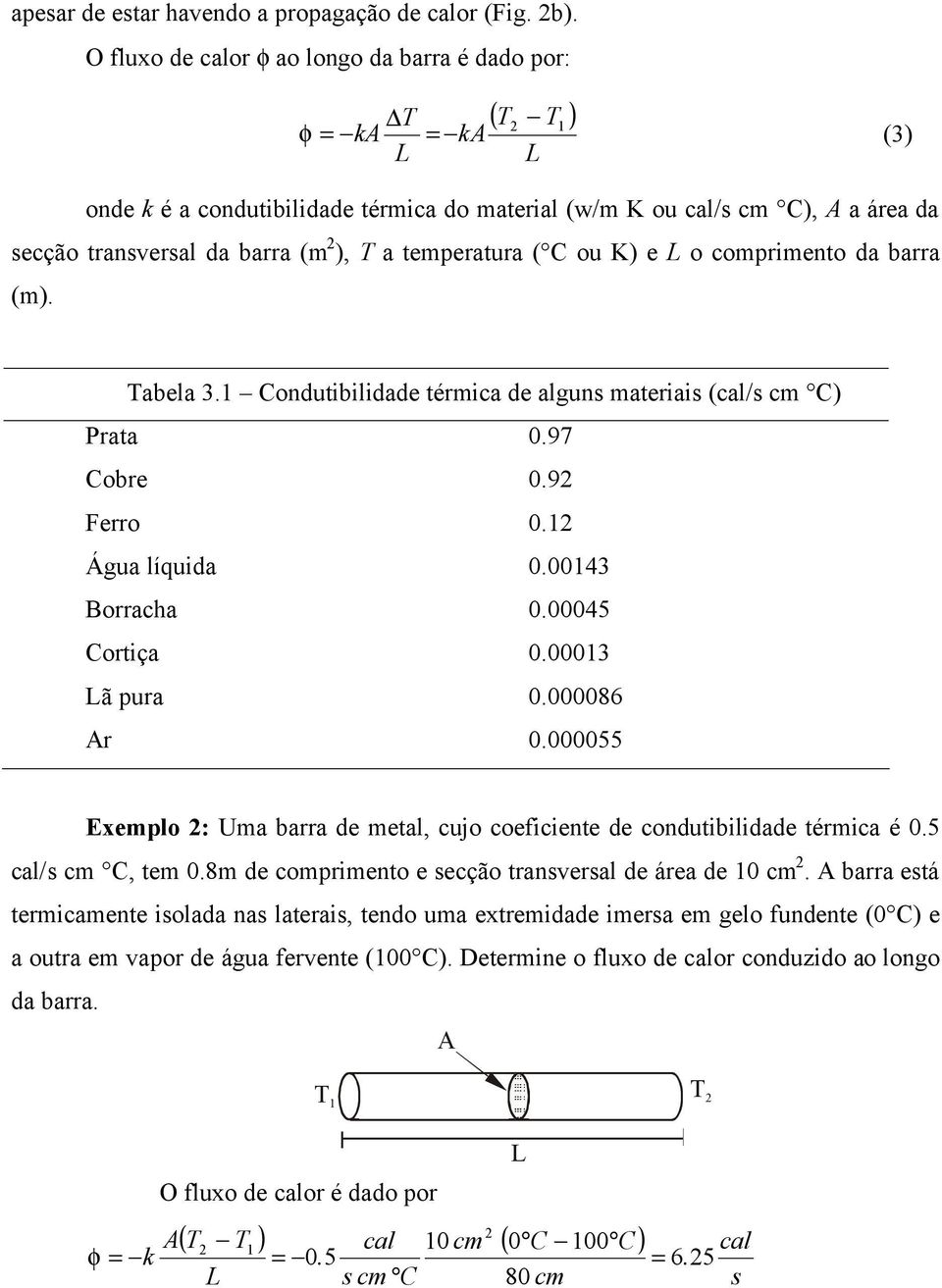 T a temperatura ( C ou K) e L o comprimento da barra (m). 2 Tabela 3.1 Condutibilidade térmica de alguns materiais (cal/s cm C) Prata 0.97 Cobre 0.92 Ferro 0.12 Água líquida 0.00143 Borracha 0.