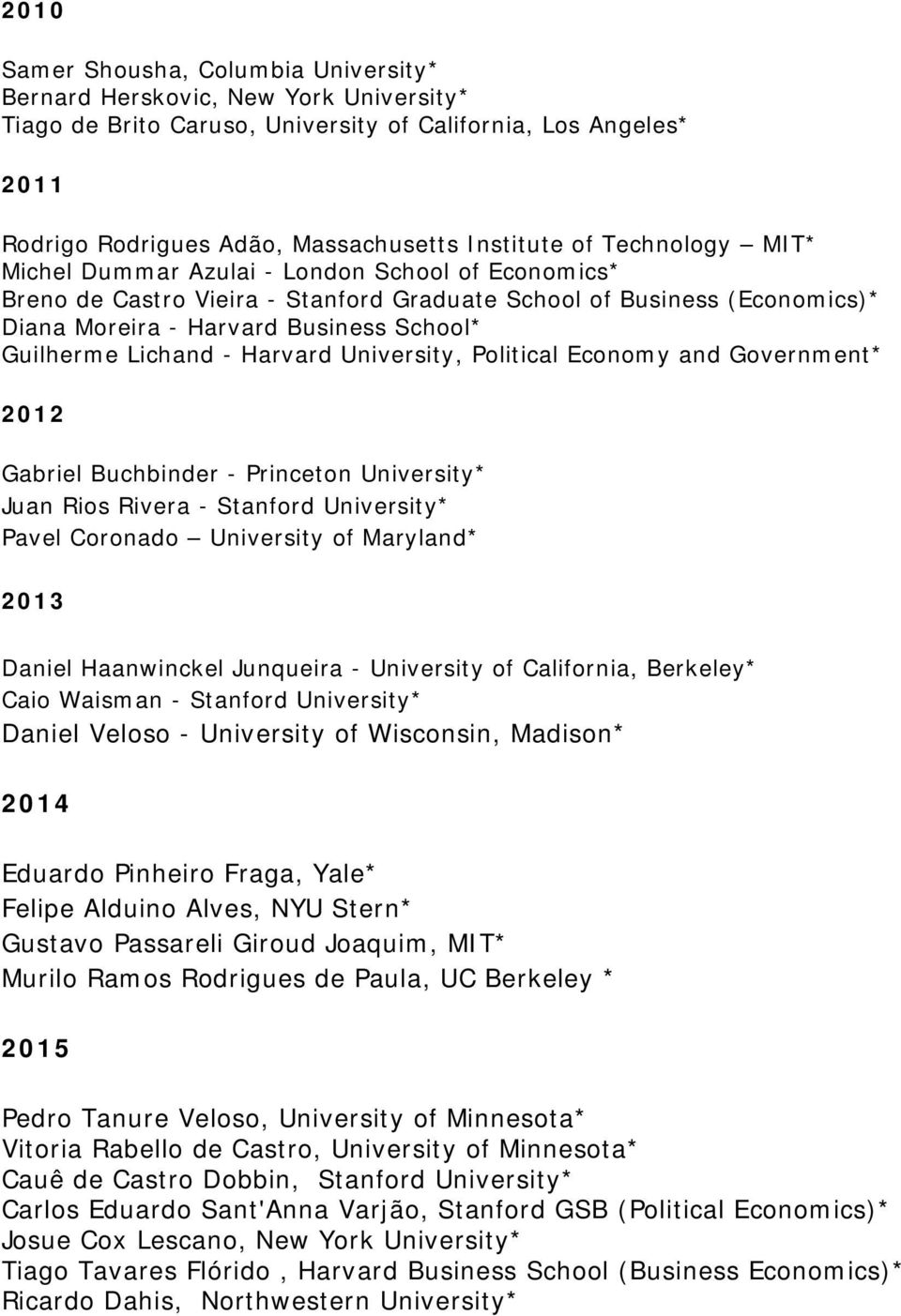 Lichand - Harvard University, Political Economy and Government* 2012 Gabriel Buchbinder - Princeton University* Juan Rios Rivera - Stanford University* Pavel Coronado University of Maryland* 2013