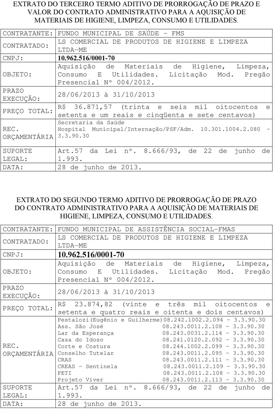 Pregão Presencial Nº 004/2012. 28/06/2013 à 31/10/2013 R$ 36.