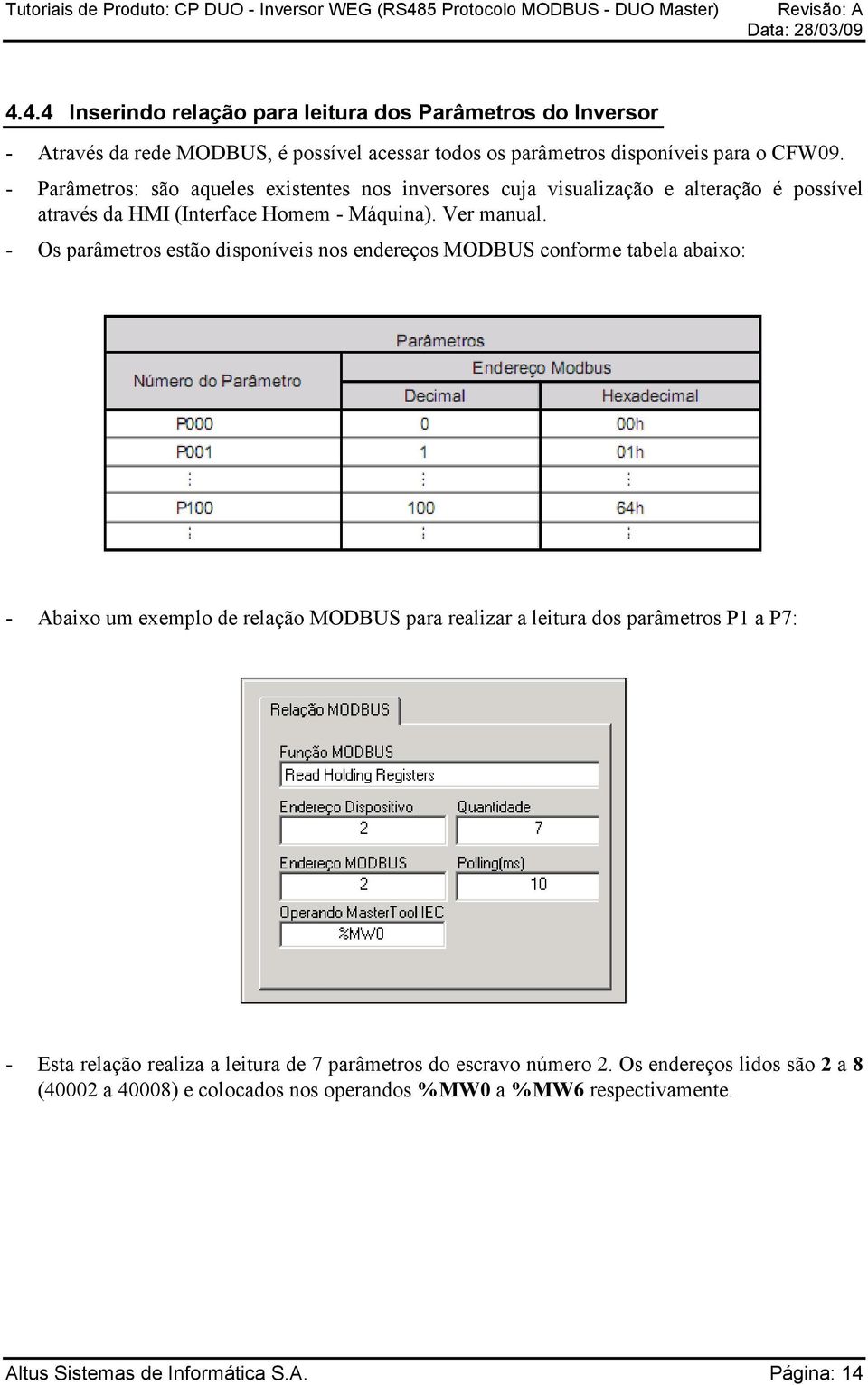- Os parâmetros estão disponíveis nos endereços MODBUS conforme tabela abaixo: - Abaixo um exemplo de relação MODBUS para realizar a leitura dos parâmetros P1 a P7: -