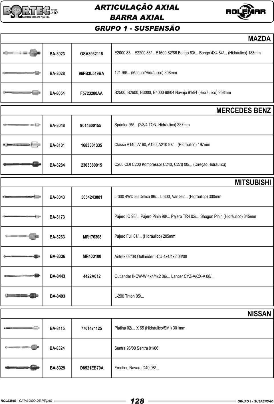 .. (2/3/4 TON, Hidráulico) 387mm MERCEDES BENZ BA-8101 1683301335 Classe A140, A160, A190, A210 97/... (Hidráulico) 197mm BA-8284 2303380015 C200 CDI C200 Kompressor C240, C270 00/.