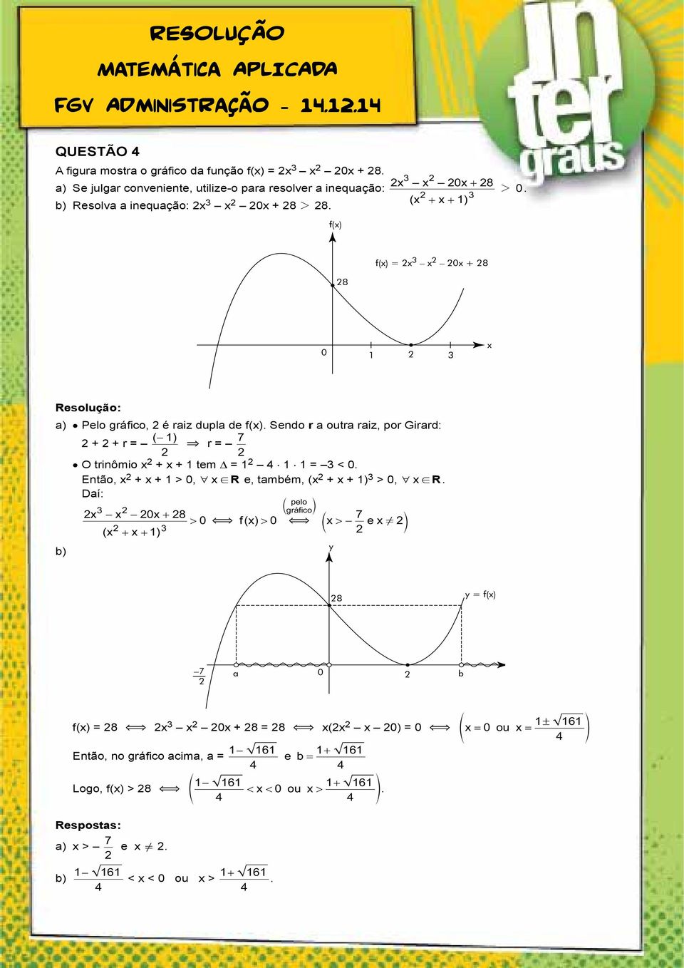 f(x) f(x) = x x 0x + 8 8 0 1 x a) Pelo gráfico, é raiz dupla de f(x). Sendo r a outra raiz, por Girard: + + r = ( 1 ) 7 & r = O trinômio x + x + 1 tem = 1 1 1 = < 0.