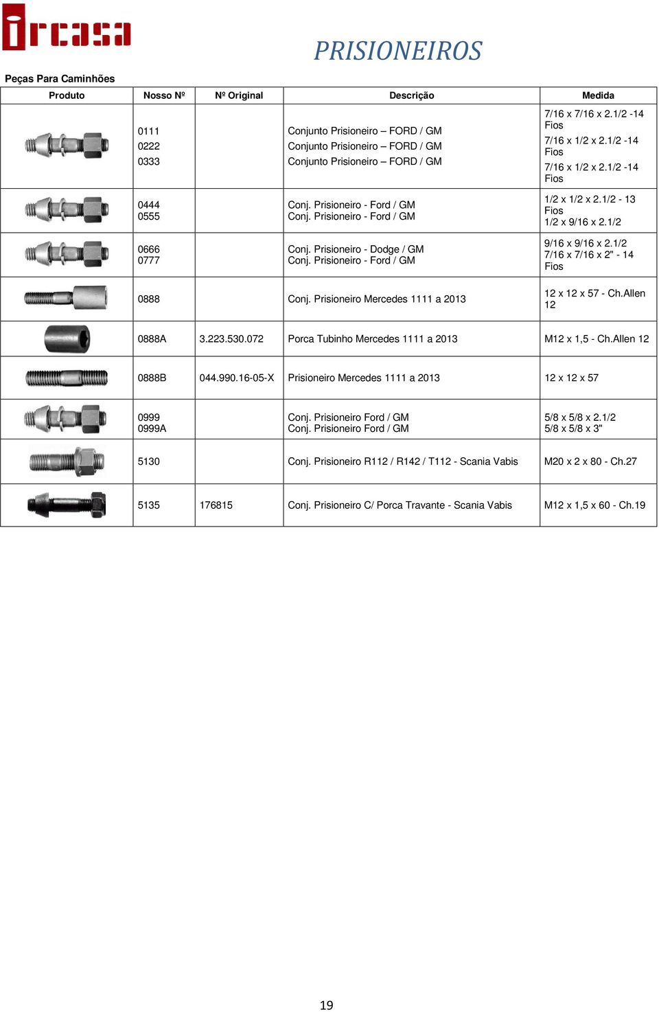 1/2-13 Fios 1/2 x 9/16 x 2.1/2 9/16 x 9/16 x 2.1/2 7/16 x 7/16 x 2" - 14 Fios 0888 Conj. Prisioneiro Mercedes 1111 a 2013 12 x 12 x 57 - Ch.Allen 12 0888A 3.223.530.