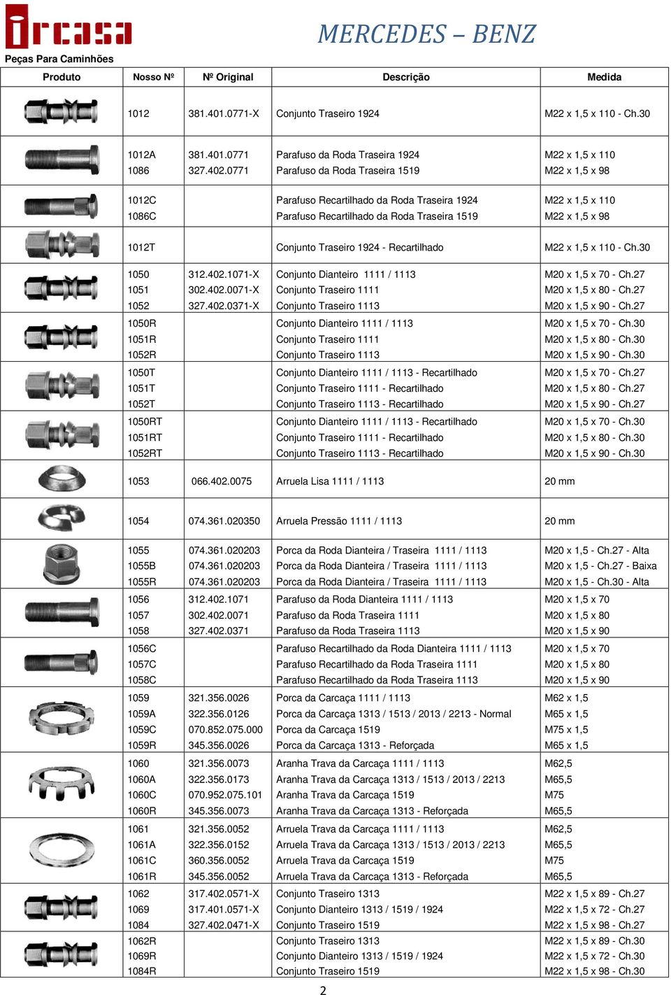 Traseiro 1924 - Recartilhado M22 x 1,5 x 110 - Ch.30 1050 312.402.1071-X Conjunto Dianteiro 1111 / 1113 M20 x 1,5 x 70 - Ch.27 1051 302.402.0071-X Conjunto Traseiro 1111 M20 x 1,5 x 80 - Ch.