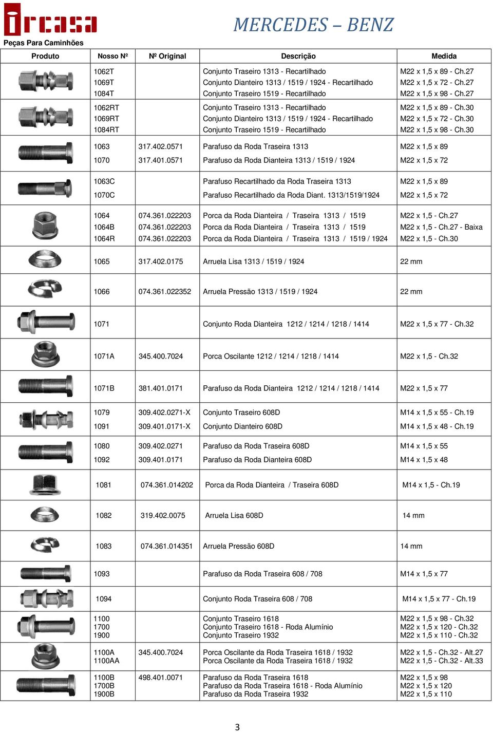 27 1062RT 1069RT 1084RT Conjunto Traseiro 1313 - Recartilhado Conjunto Dianteiro 1313 / 1519 / 1924 - Recartilhado Conjunto Traseiro 1519 - Recartilhado M22 x 1,5 x 89 - Ch.30 M22 x 1,5 x 72 - Ch.