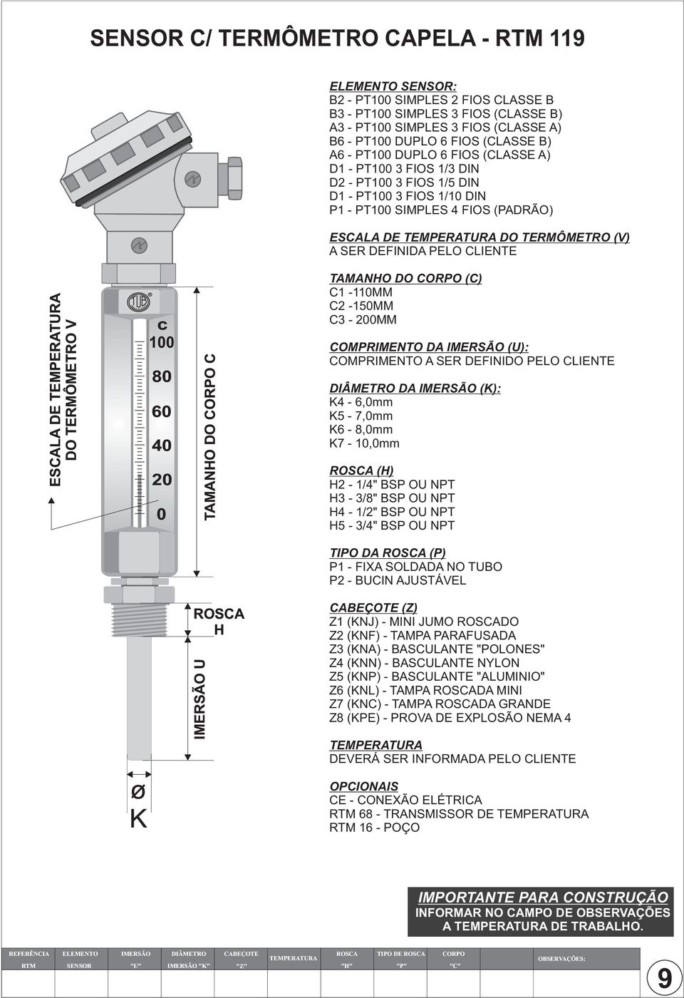 DEFINIDA PELO CLIENTE ESCALA DE TEMPERATURA DO TERMÔMETRO V SIMBOLO GARANTIA R c 100 80 60 40 20 0 TAMANHO DO CORPO C TAMANHO DO CORPO (C) C1-110MM C2-150MM C3-200MM COMPRIMENTO DA IMERSÃO (U):