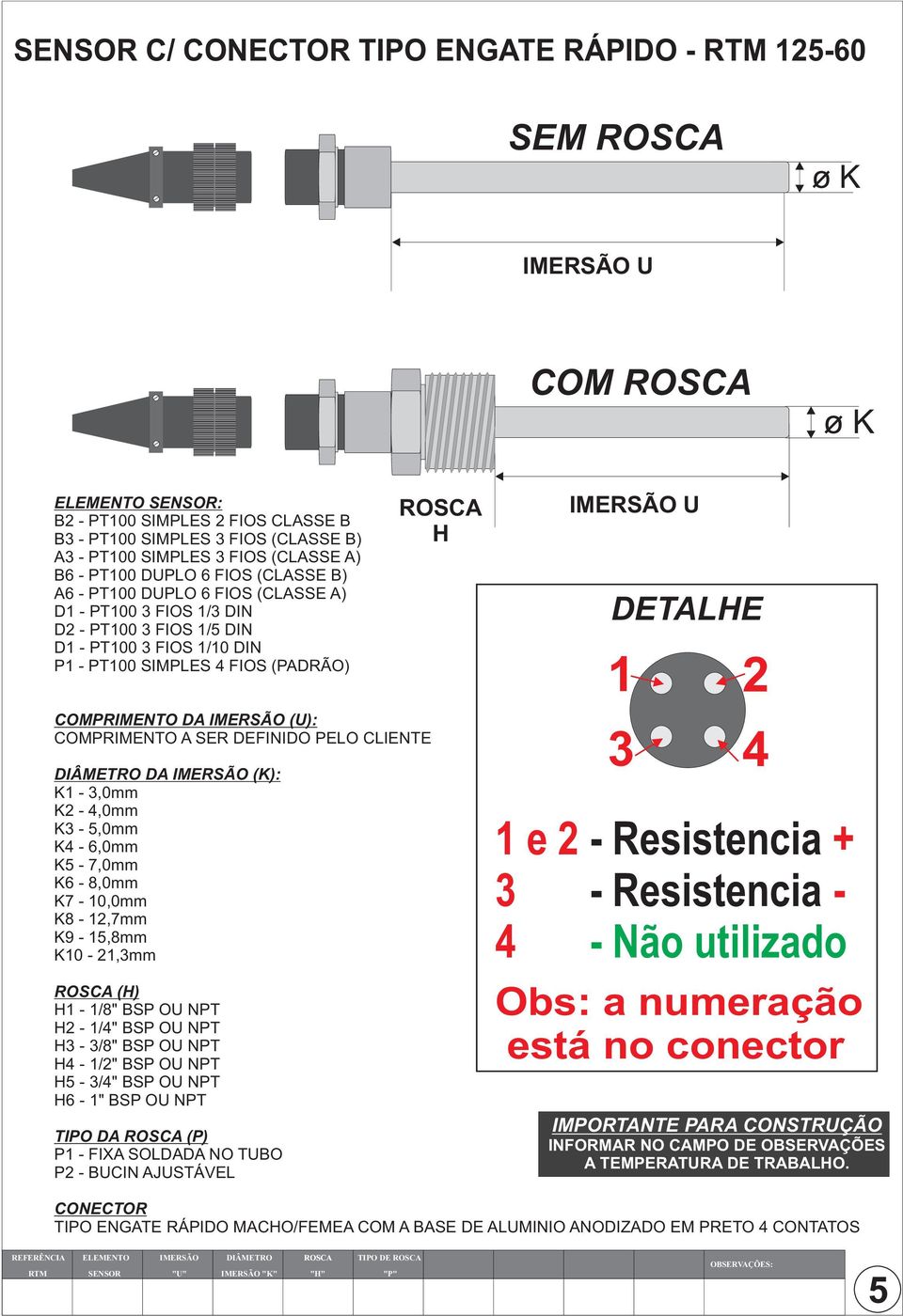 IMERSÃO (U): COMPRIMENTO A SER DEFINIDO PELO CLIENTE DIÂMETRO DA IMERSÃO (K): K1-3,0mm K2-4,0mm K3-5,0mm K4-6,0mm K5-7,0mm K6-8,0mm K7-10,0mm K8-12,7mm K9-15,8mm K10-21,3mm (H) H1-1/8" BSP OU NPT