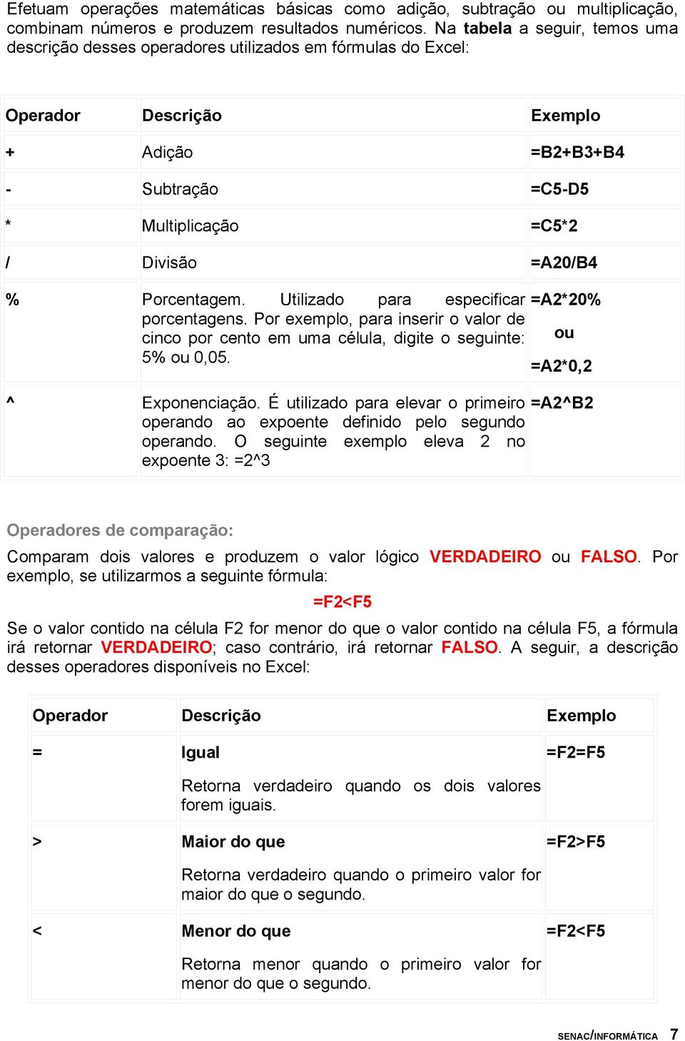 Porcentagem. Utilizado para especificar =A2*20% porcentagens. Por exemplo, para inserir o valor de ou cinco por cento em uma célula, digite o seguinte: 5% ou 0,05. =A2*0,2 ^ Exponenciação.