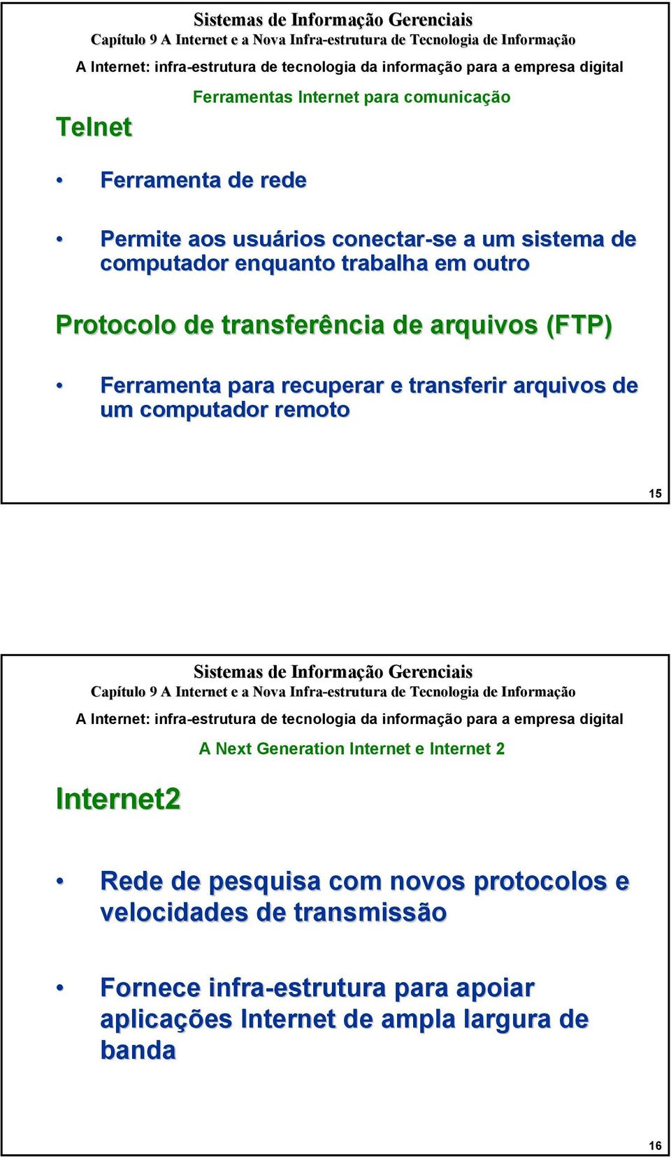 transferir arquivos de um computador remoto 15 A Internet: infra-estrutura de tecnologia da informação para a empresa digital Internet2 A Next Generation