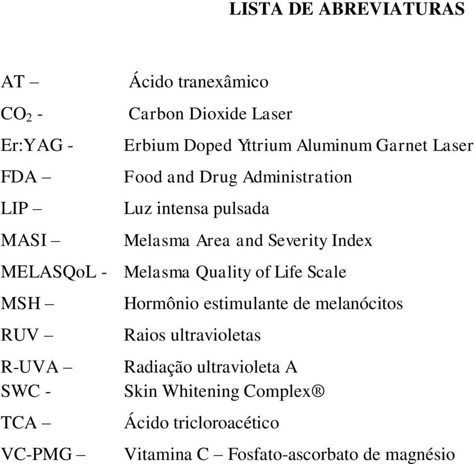 MELASQoL - Melasma Quality of Life Scale MSH Hormônio estimulante de melanócitos RUV Raios ultravioletas R-UVA