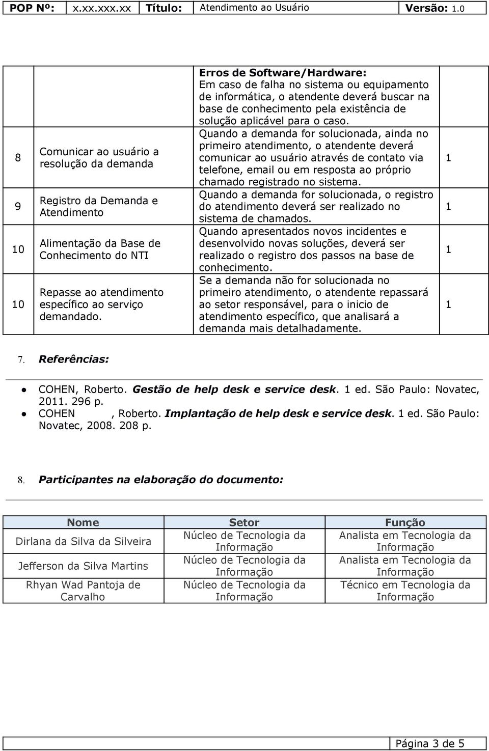 Erros de Software/Hardware: Em caso de falha no sistema ou equipamento de informática, o atendente deverá buscar na base de conhecimento pela existência de solução aplicável para o caso.