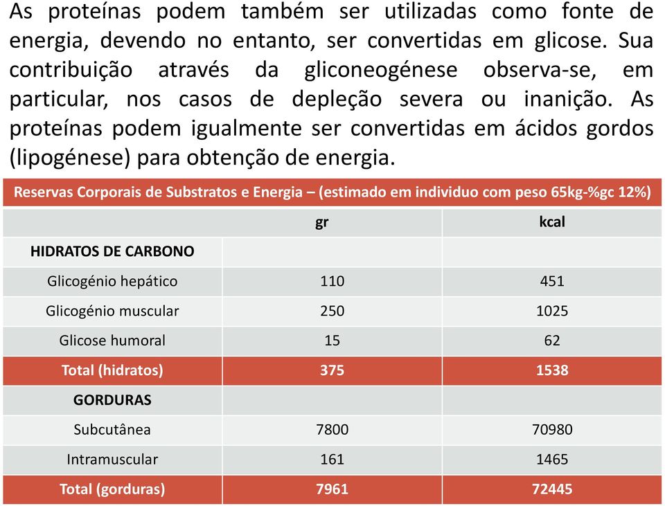 As proteínas podem igualmente ser convertidas em ácidos gordos (lipogénese) para obtenção de energia.