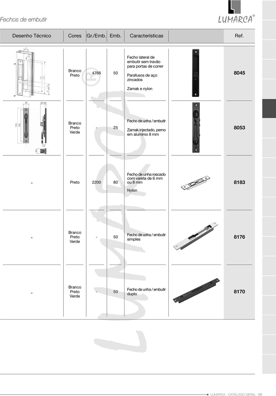 zincados 8045 Zamak e nylon 20,56 170 153 Fecho de unha / embutir Zamak injectado, perno em