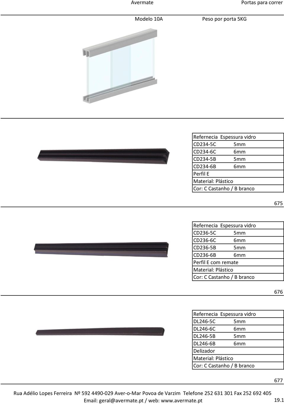 6mm Perfil E com remate Material: Plástico Cor: C Castanho / B branco 676 Refernecia Espessura vidro DL246-5C 5mm DL246-6C 6mm