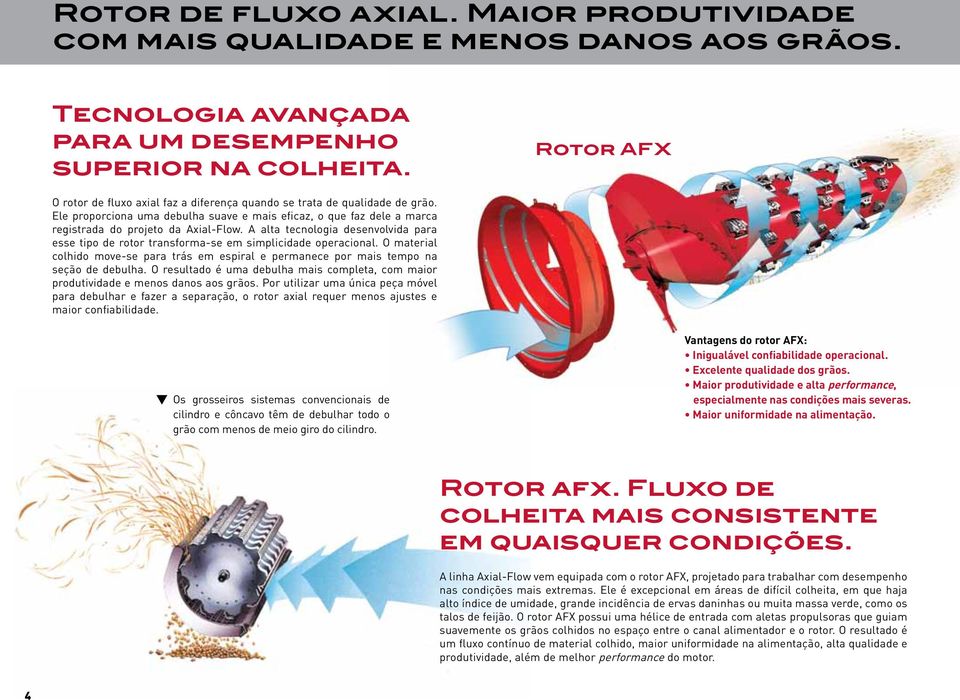 A alta tecnologia desenvolvida para esse tipo de rotor transforma-se em simplicidade operacional. O material colhido move-se para trás em espiral e permanece por mais tempo na seção de debulha.