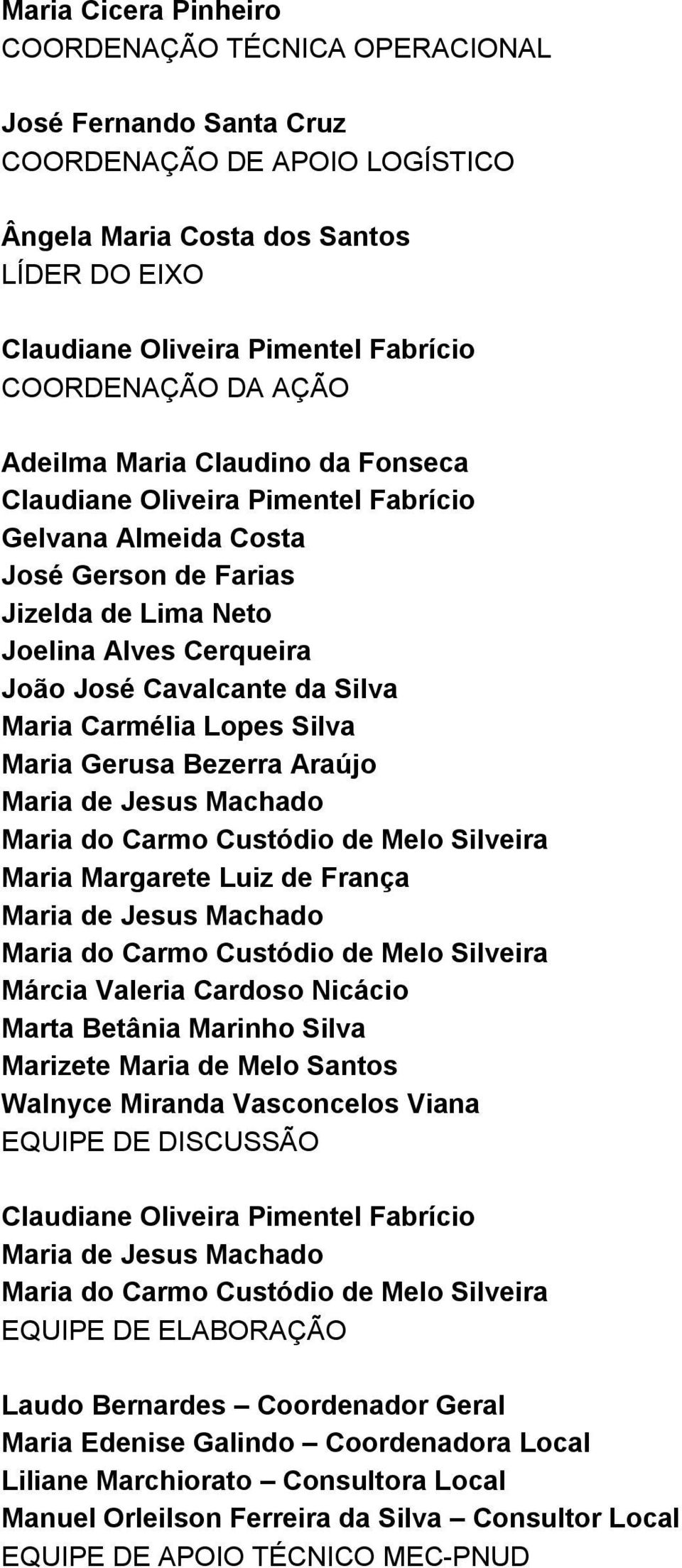 Cavalcante da Silva Maria Carmélia Lopes Silva Maria Gerusa Bezerra Araújo Maria de Jesus Machado Maria do Carmo Custódio de Melo Silveira Maria Margarete Luiz de França Maria de Jesus Machado Maria