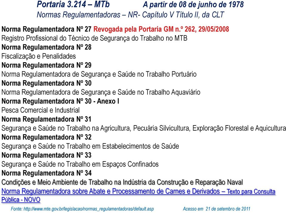 Segurança e Saúde no Trabalho Portuário Norma Regulamentadora Nº 30 Norma Regulamentadora de Segurança e Saúde no Trabalho Aquaviário Norma Regulamentadora Nº 30 - Anexo I Pesca Comercial e