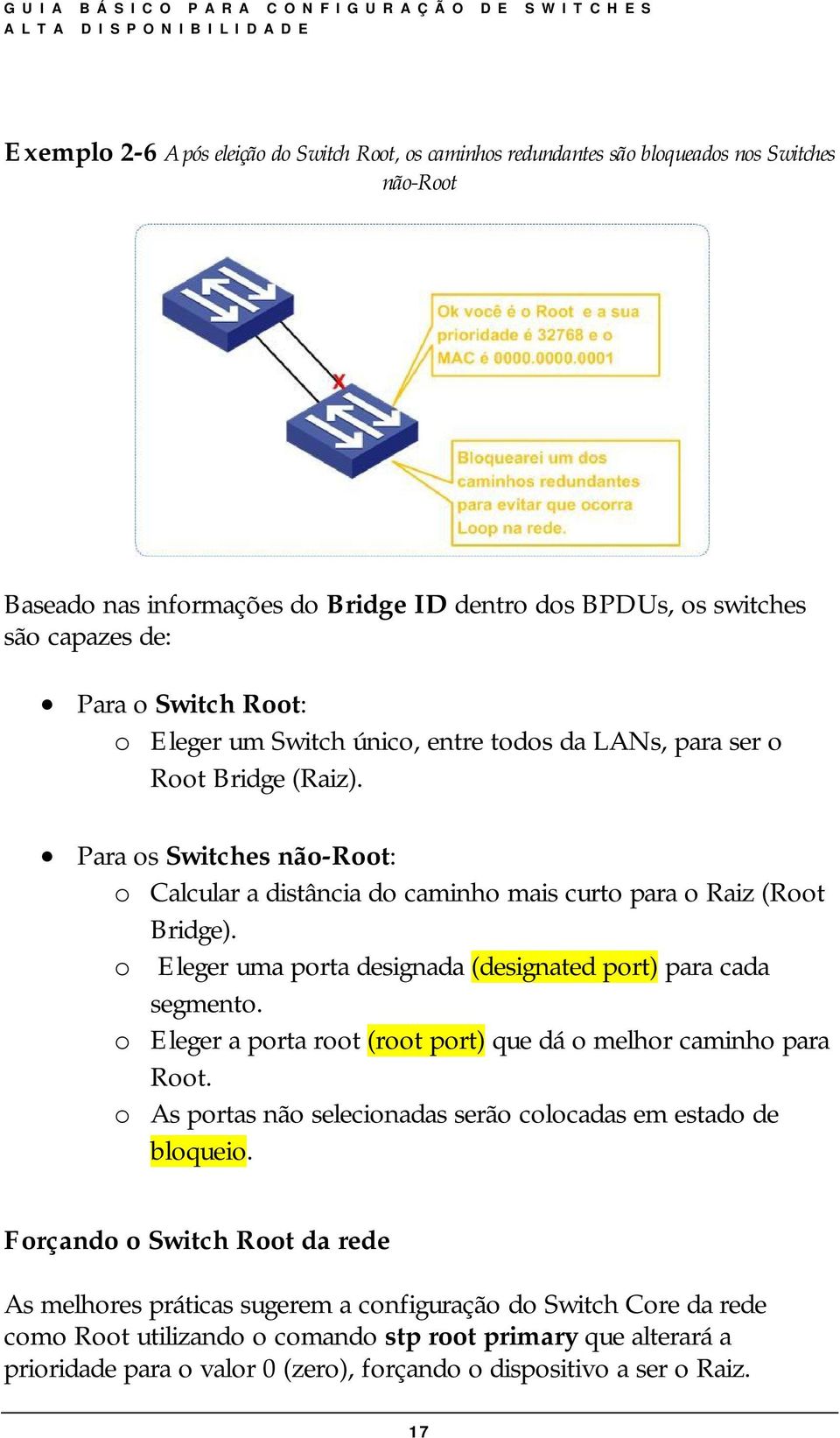 o Eleger uma porta designada (designated port) para cada segmento. o Eleger a porta root (root port) que dá o melhor caminho para Root.