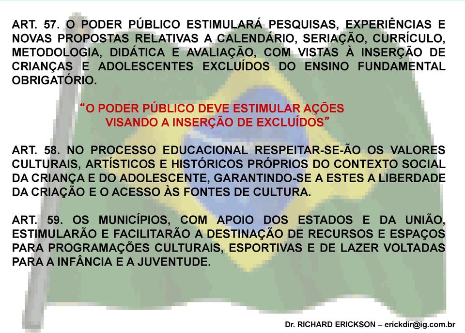 ADOLESCENTES EXCLUÍDOS DO ENSINO FUNDAMENTAL OBRIGATÓRIO. O PODER PÚBLICO DEVE ESTIMULAR AÇÕES VISANDO A INSERÇÃO DE EXCLUÍDOS ART. 58.