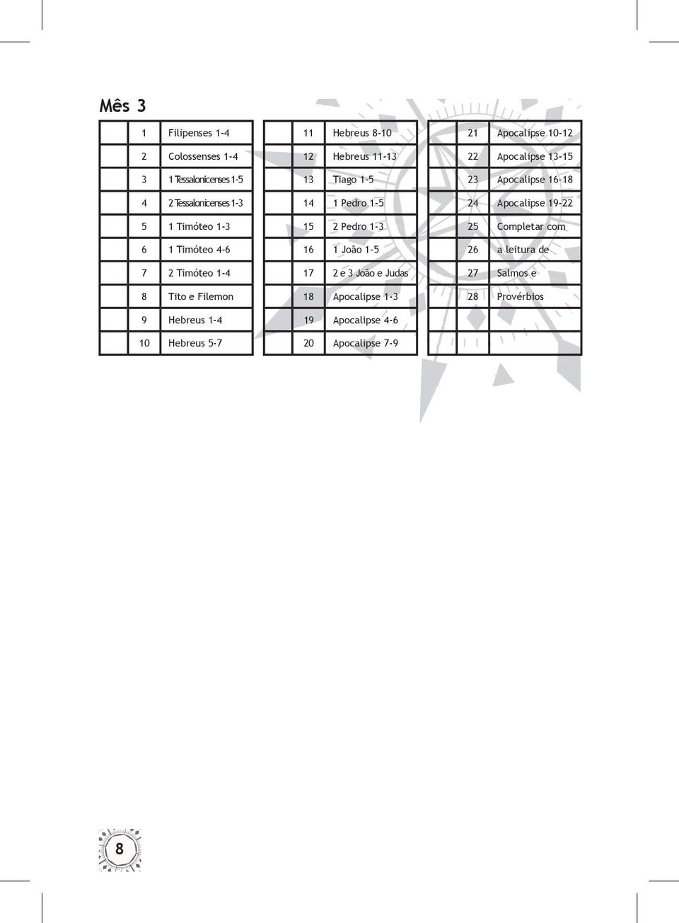 Timóteo 1-3 15 2 Pedro 1-3 25 Completar com 6 1 Timóteo 4-6 16 1 João 1-5 26 a leitura de 7 2 Timóteo 1-4 17 2 e 3 João e