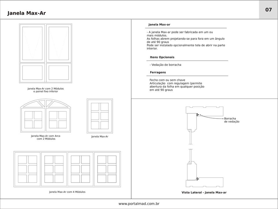 Itens Opcionais - Vedação de borracha Janela Max-Ar com 2 Módulos e painel fixo inferior Fecho com ou sem chave Articulação com regulagem