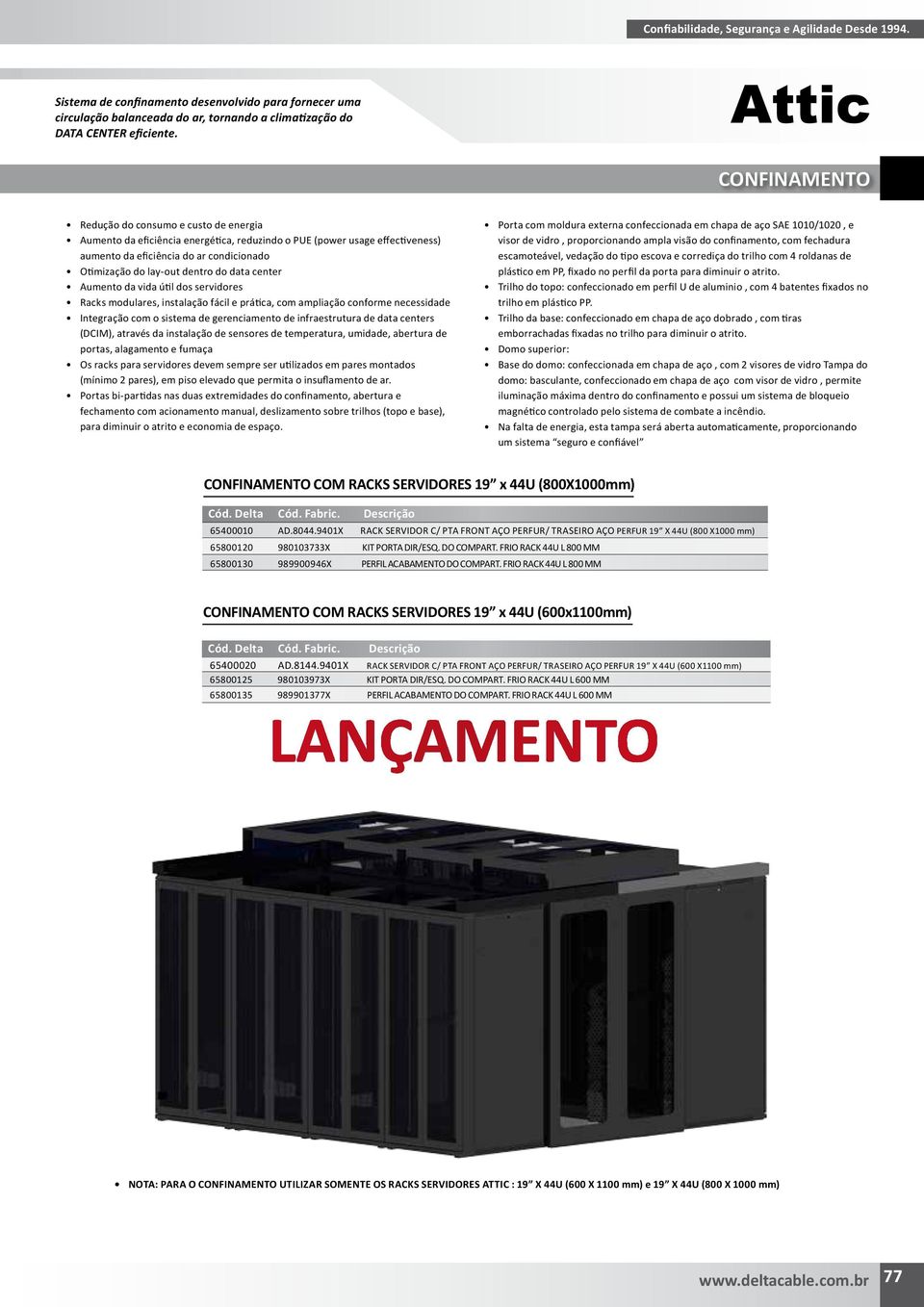 do data center Aumento da vida útil dos servidores Racks modulares, instalação fácil e prática, com ampliação conforme necessidade Integração com o sistema de gerenciamento de infraestrutura de data