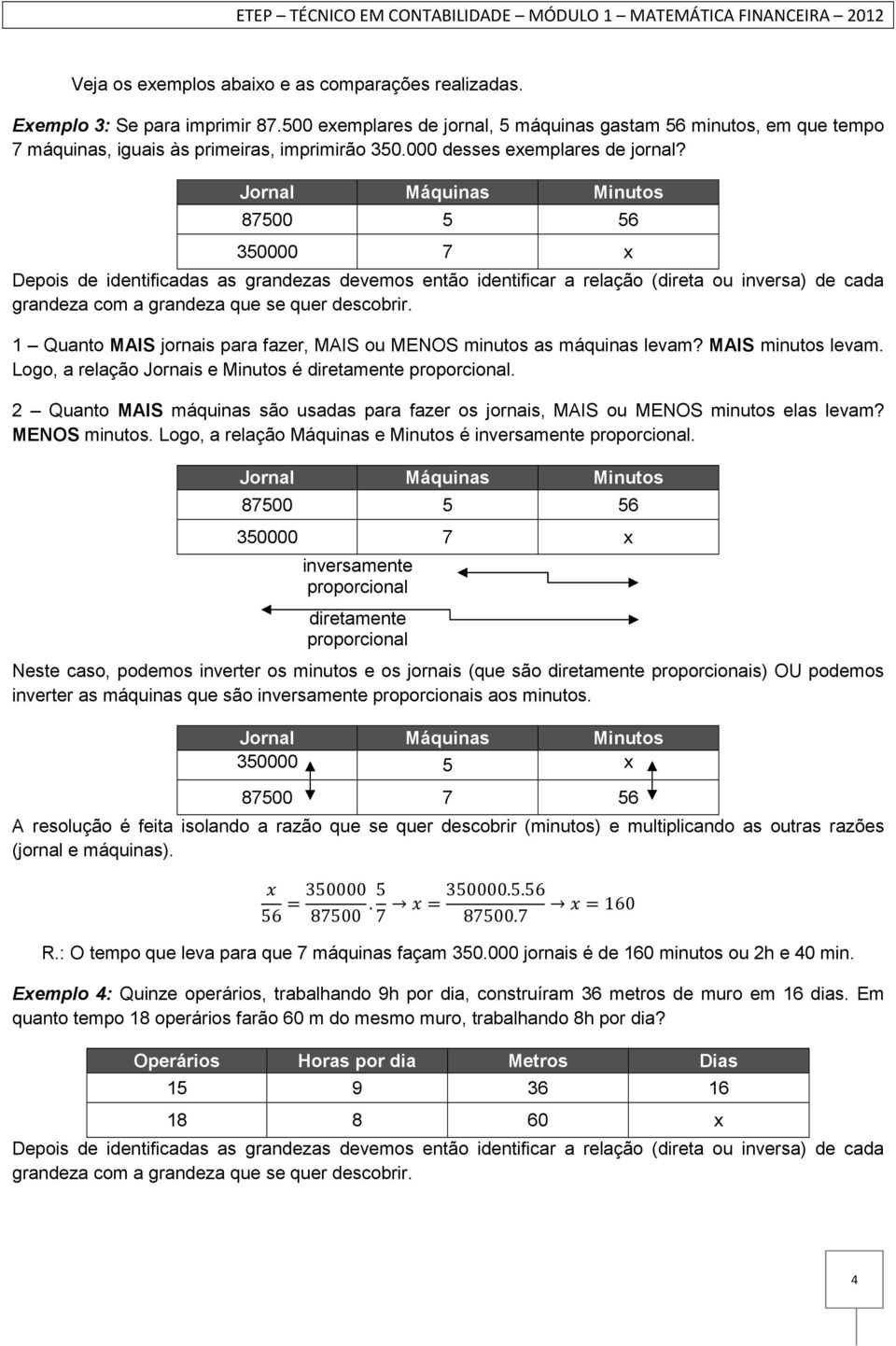 Jornal Máquinas Minutos 87500 5 56 350000 7 x Depois de identificadas as grandezas devemos então identificar a relação (direta ou inversa) de cada grandeza com a grandeza que se quer descobrir.